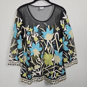 Parsley & Sage Womens Mesh Floral Embroidered Tunic Top Medium Black Sheer Artsy